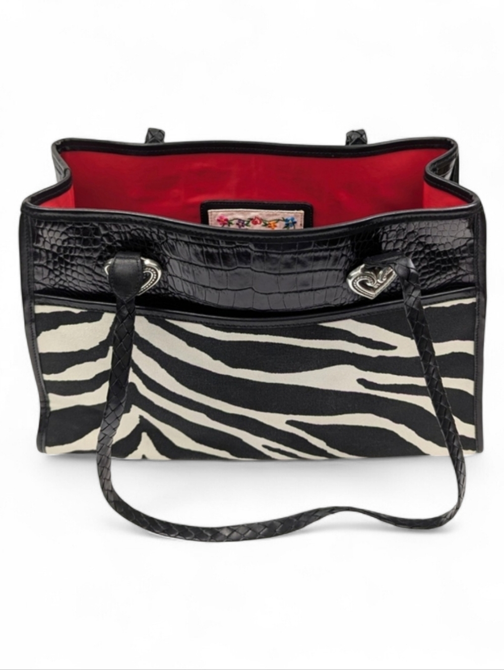 Brighton 2000 Tote Zebra Print Canvas Croc Embossed Faux Leather Braided Handles